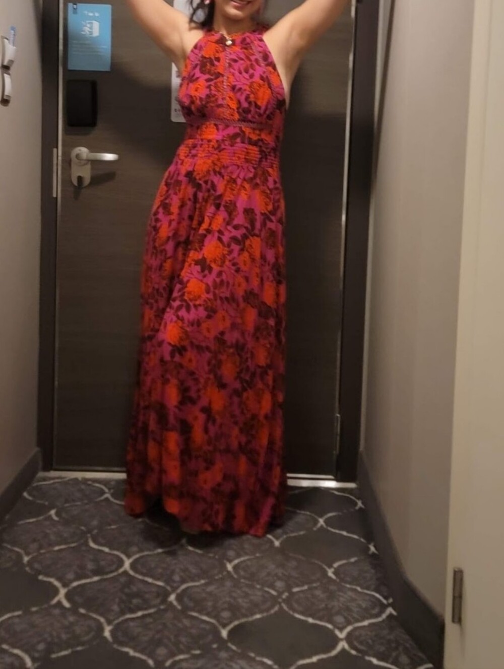 Halter Floral Maxi Dress in Fuchsia and Orange